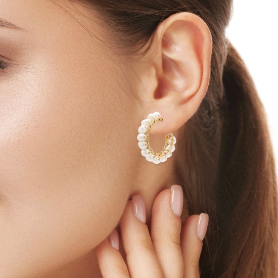 Stair Pearl Gold Hoop Earrings